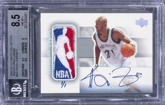 2003-04 UD Ultimate Collection "Signatures Logos" #KG Kevin Garnett Signed Game Used Logoman Patch Card (#1/1) – BGS NM-MT+ 8.5/BGS 10